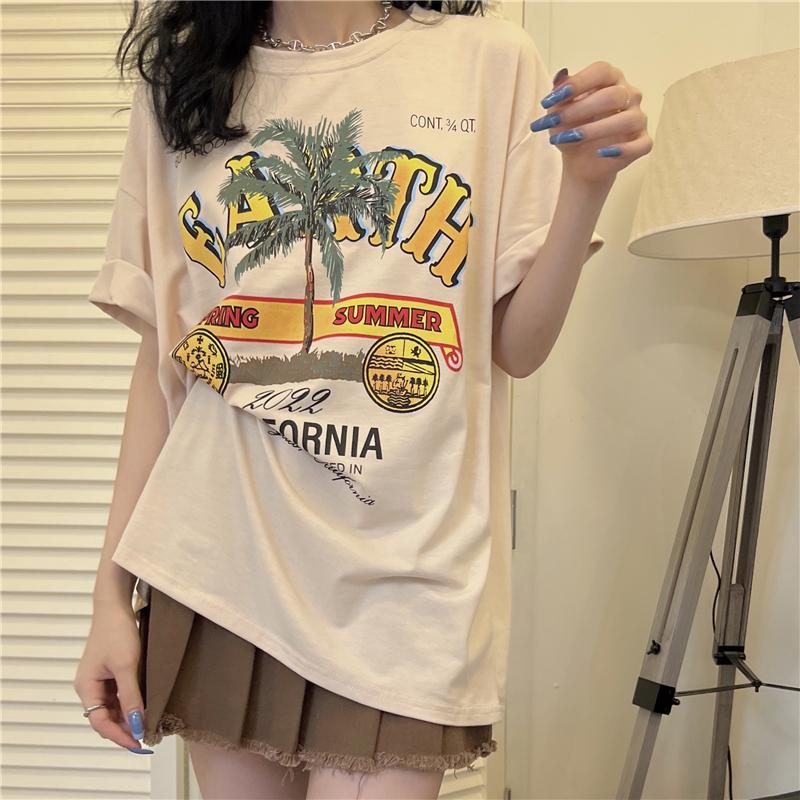 百搭慵懶寬鬆夏天椰樹印花短袖T恤 2色