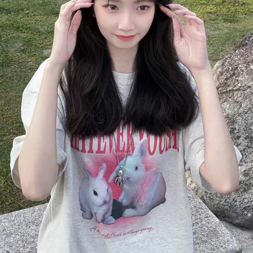 220克精梳緊密賽洛日系趣味卡通兔子印花短袖T恤 M-2XL