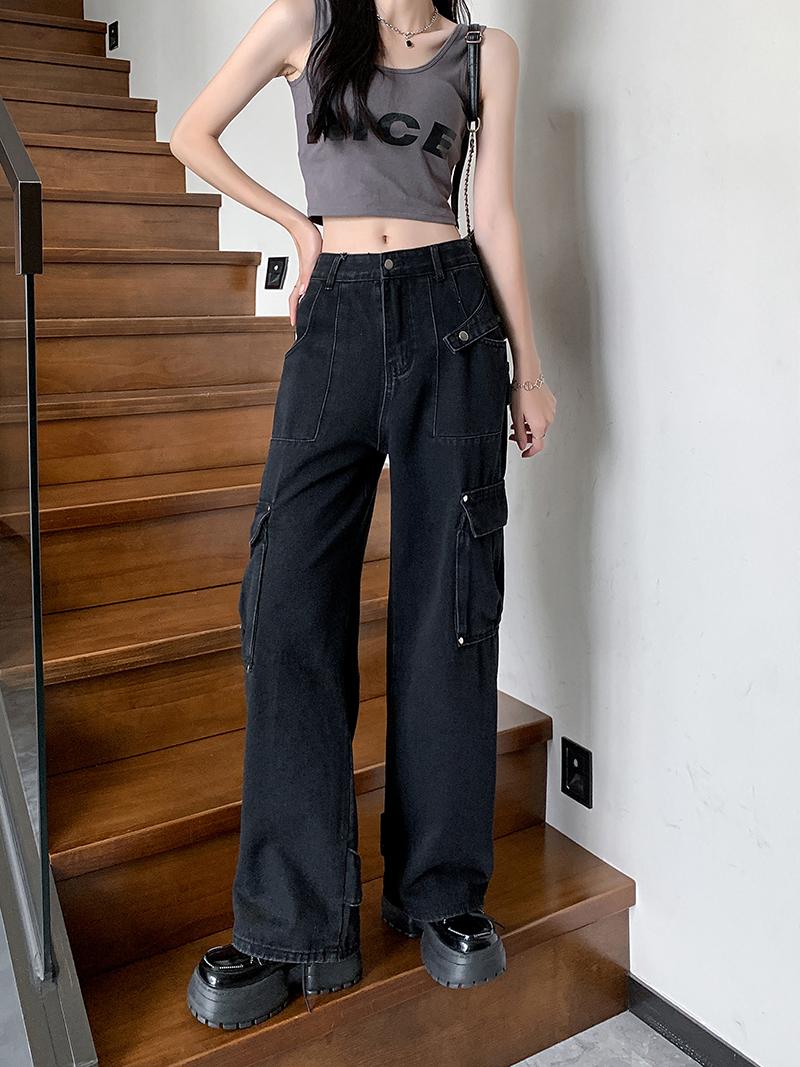 美式復古黑色牛仔褲設計感小眾直筒工裝闊腿褲 S-XL