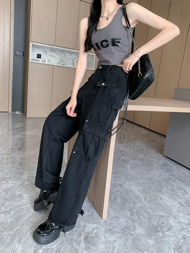 美式復古黑色牛仔褲設計感小眾直筒工裝闊腿褲 S-XL