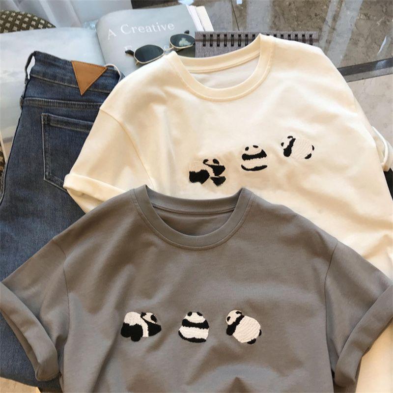 減齡女孩必備可愛立體熊貓刺繡寬鬆圓領短袖T恤上衣 M-2XL