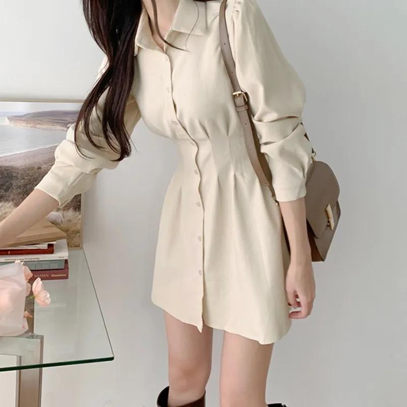 韓版chic氣質收腰顯瘦襯衫連衣裙春秋季新款小個子短裙 3色 S-XL