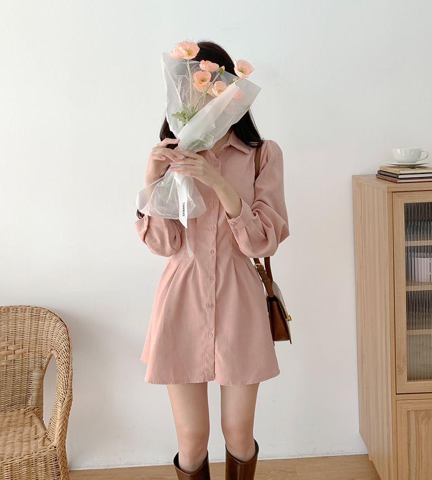 韓版chic氣質收腰顯瘦襯衫連衣裙春秋季新款小個子短裙 3色 S-XL