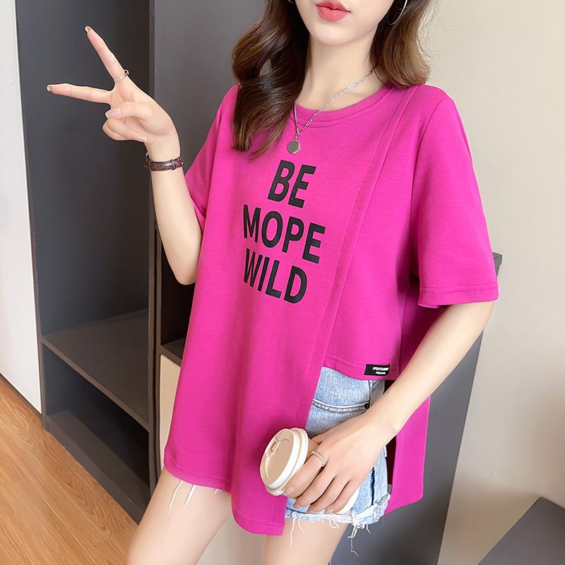 純棉短袖t恤夏季2023韓版字母印花圓領不規則下擺上衣 M-XL