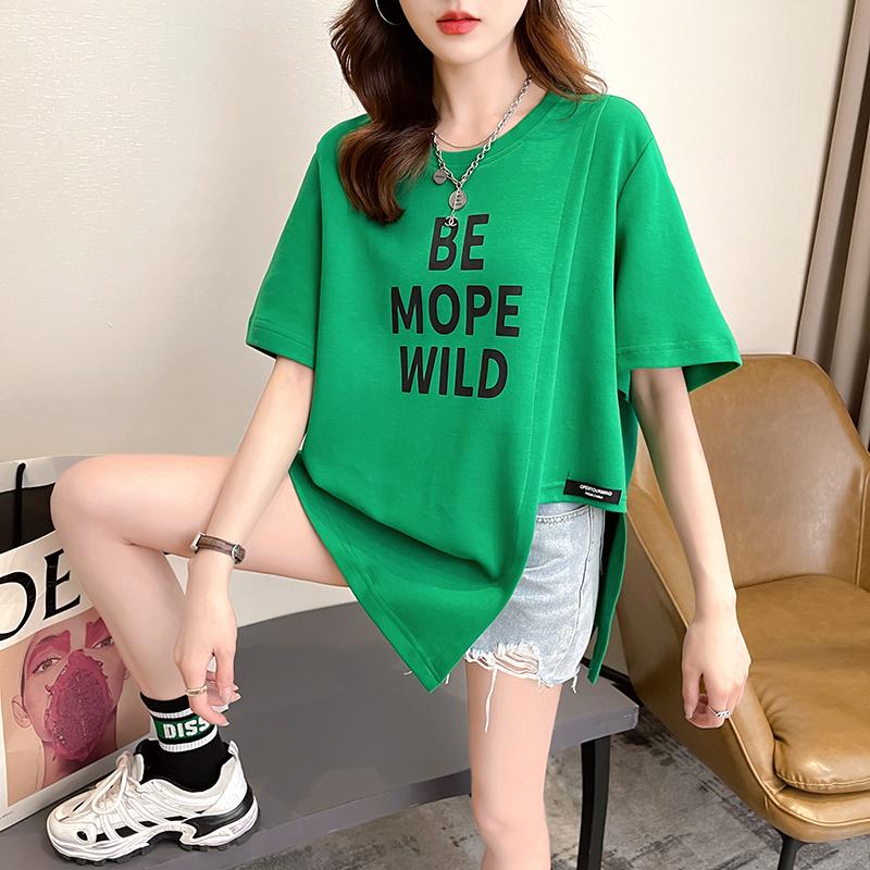 純棉短袖t恤夏季2023韓版字母印花圓領不規則下擺上衣 M-XL