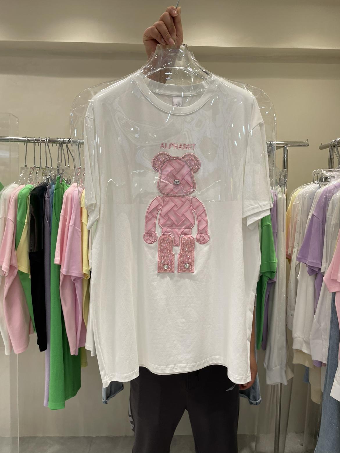 純棉短袖t恤夏季熊熊刺繡鑲鑽圓領新款上衣 M-XL
