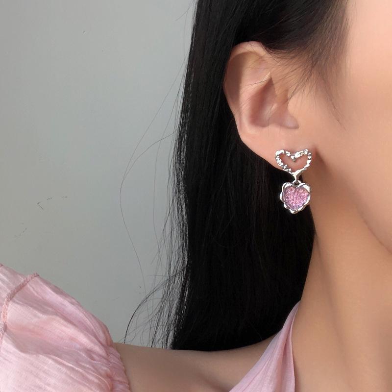 S925銀針甜酷風時尚樹脂粉色愛心高級感耳環
