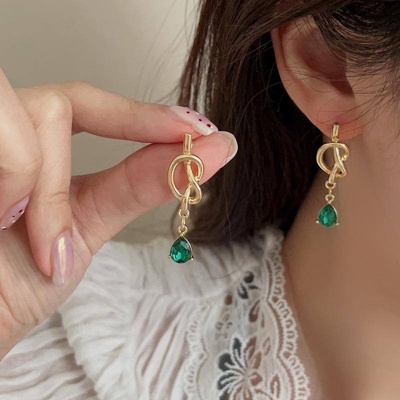 S925銀針氣質時尚打結幾何耳釘綠色水滴造型耳環
