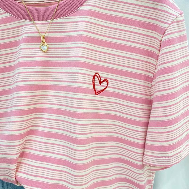 粉色愛心條紋寬鬆半袖純棉正肩上衣 S-2XL