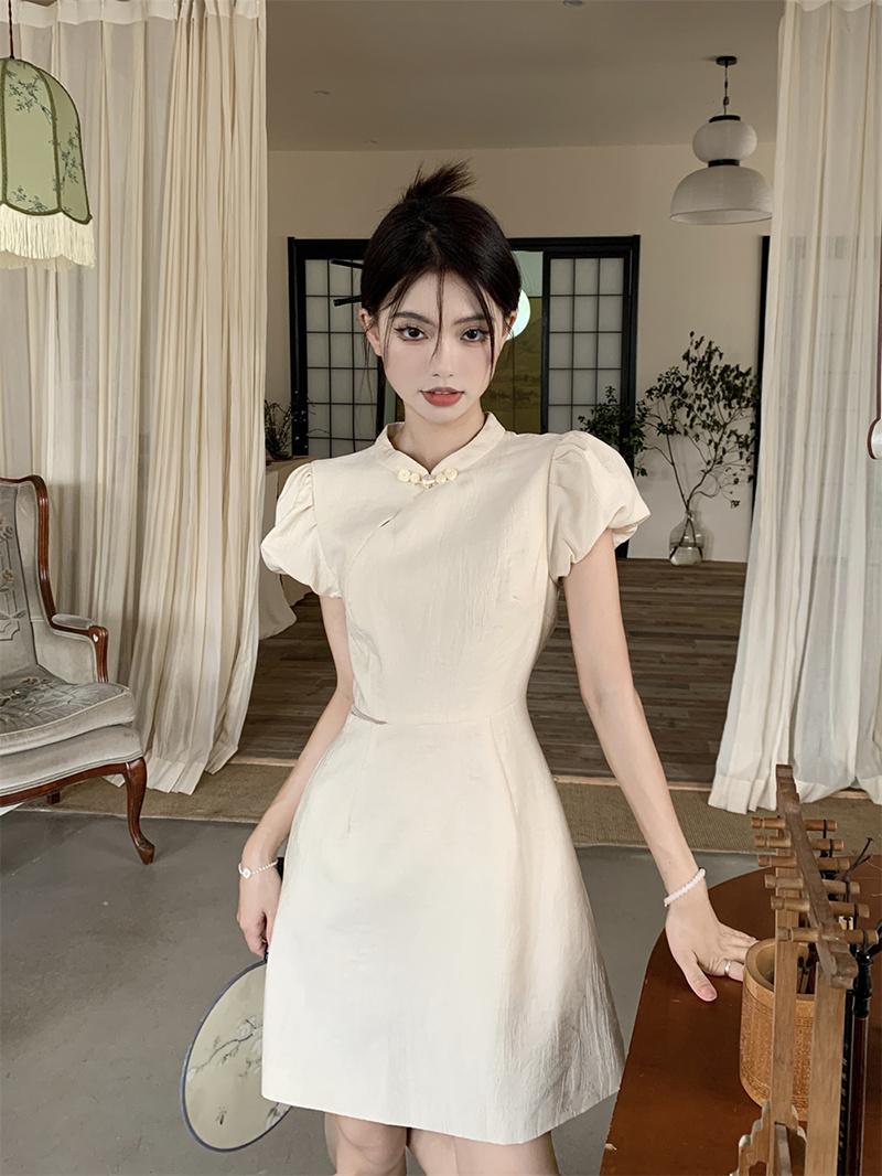 新中式改良旗袍連衣裙泡泡袖收腰顯瘦鏤空裙子S-XL