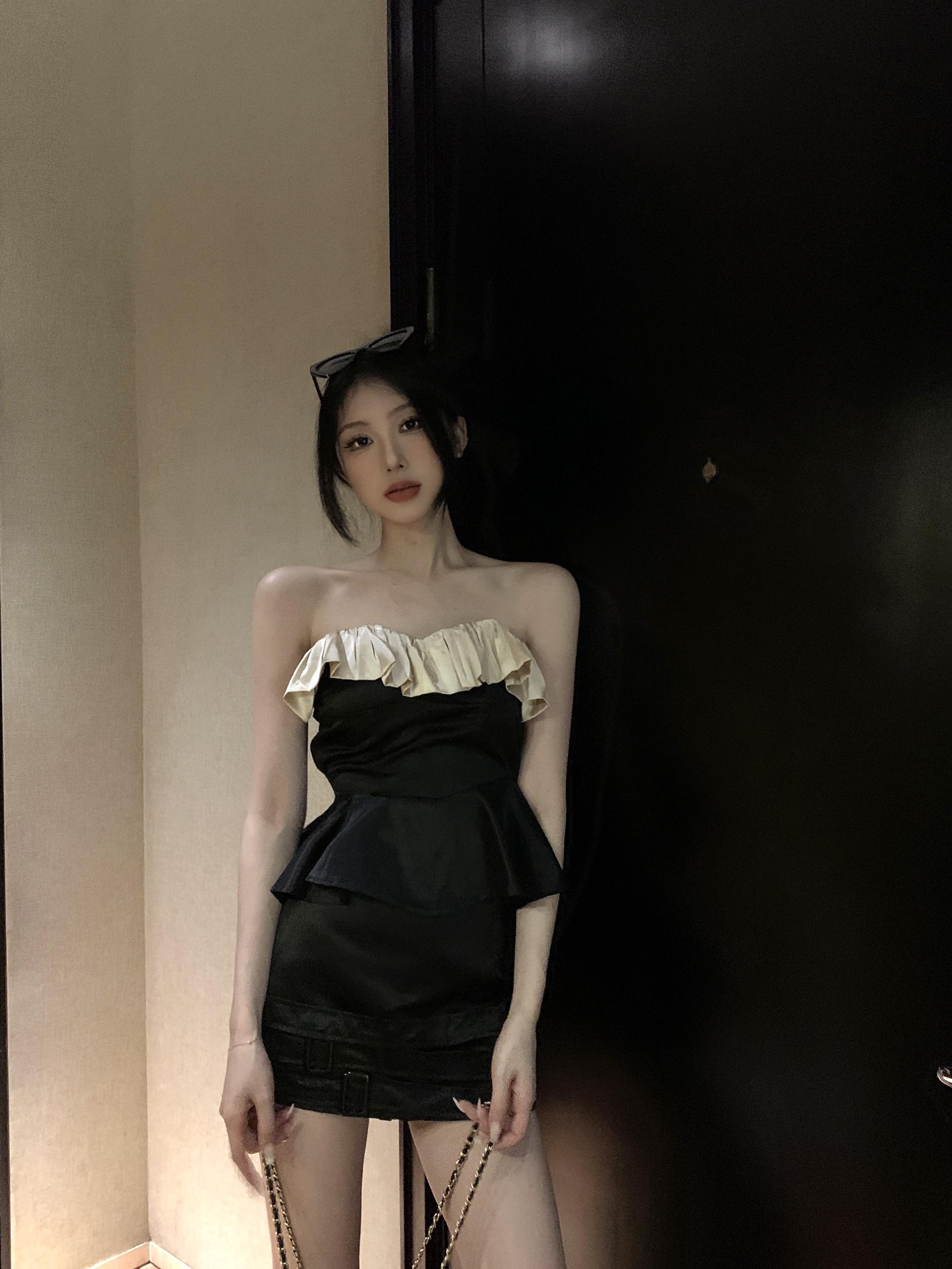 辣妹小眾設計感黑色性感魚骨抹胸半裙套裝S-L