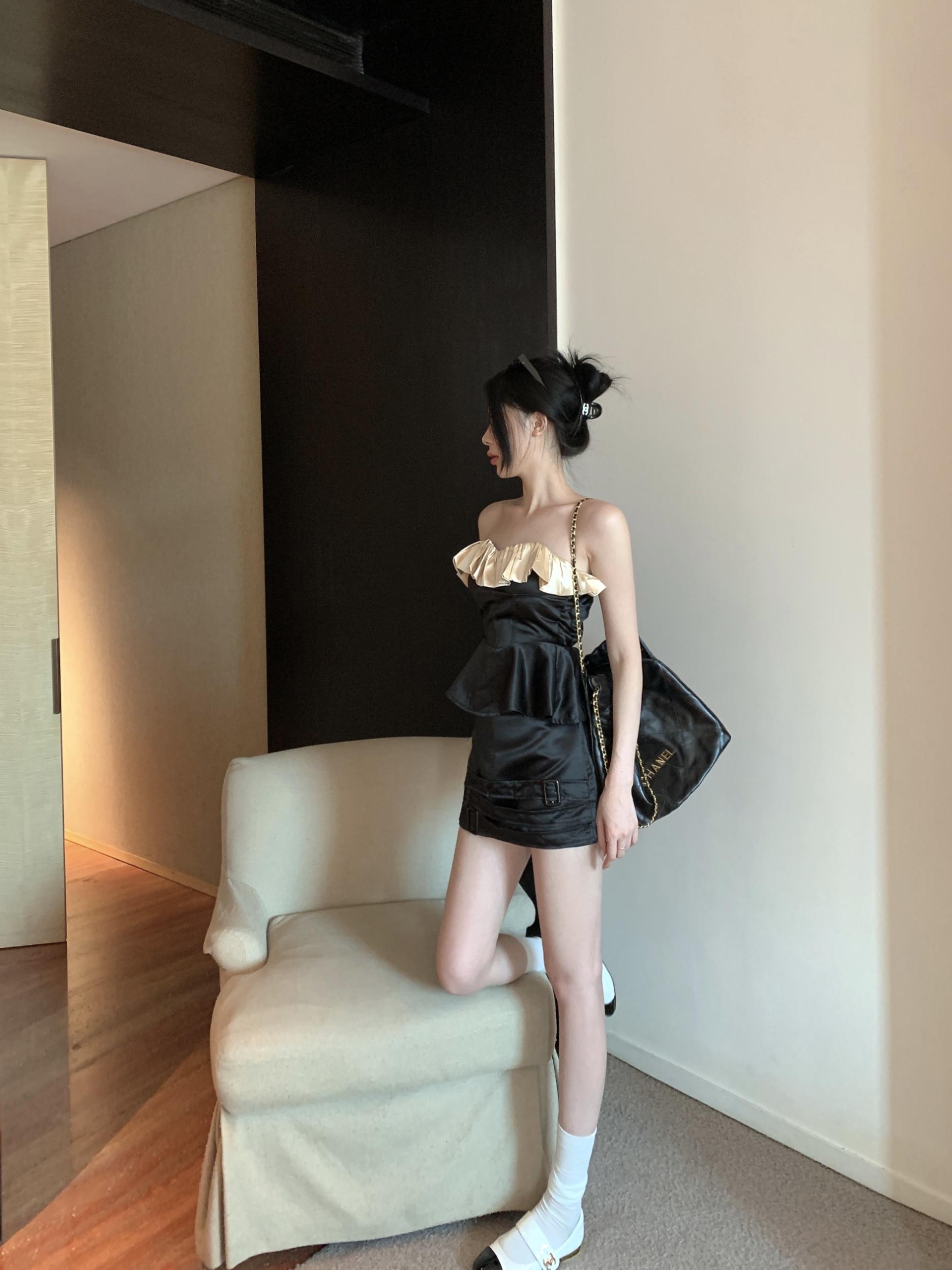 辣妹小眾設計感黑色性感魚骨抹胸半裙套裝S-L
