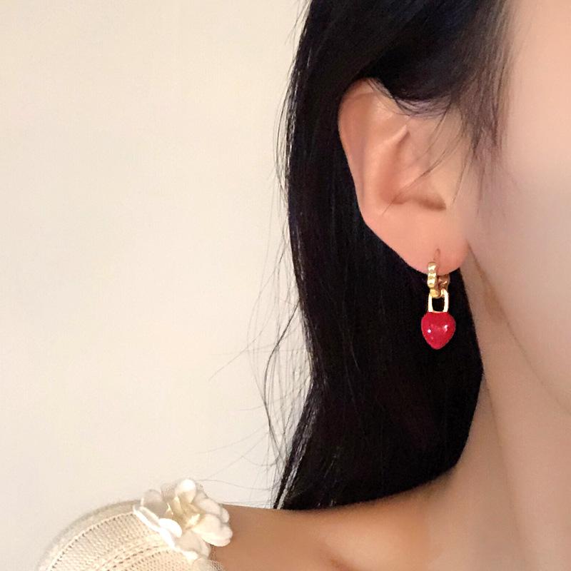 韓國溫柔氣質紅色愛心甜美小眾簡約新年款耳環