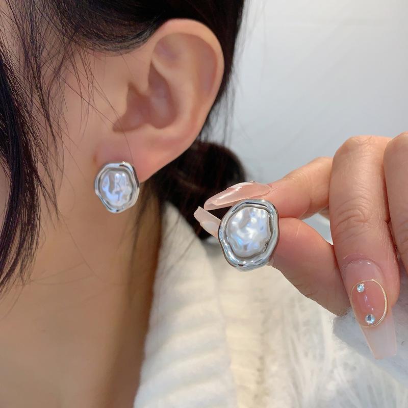 S925銀針個性小眾不規則幾何設計氣質高級感珍珠耳環