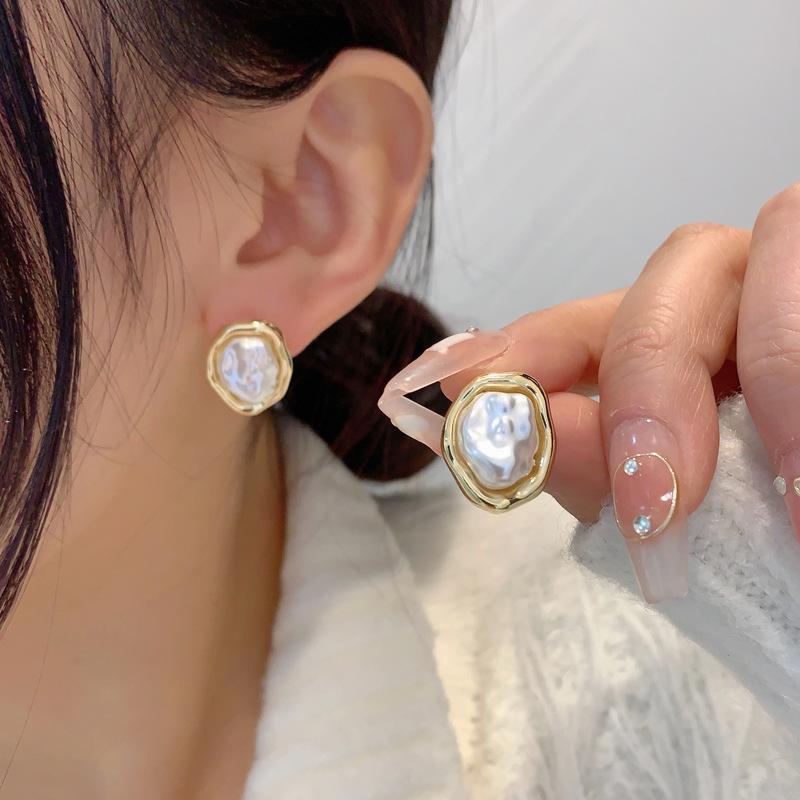 S925銀針個性小眾不規則幾何設計氣質高級感珍珠耳環