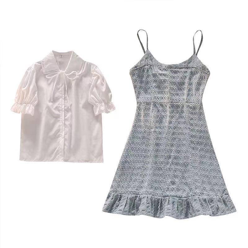 鹽系減齡小個子吊帶韓版設計感襯衫+連衣裙兩件套 S-XL