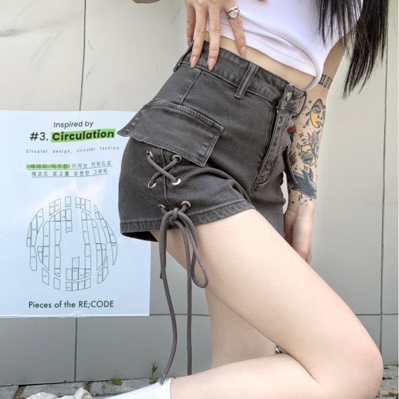 辣妹設計抽繩超短顯瘦A字牛仔褲 S-XL