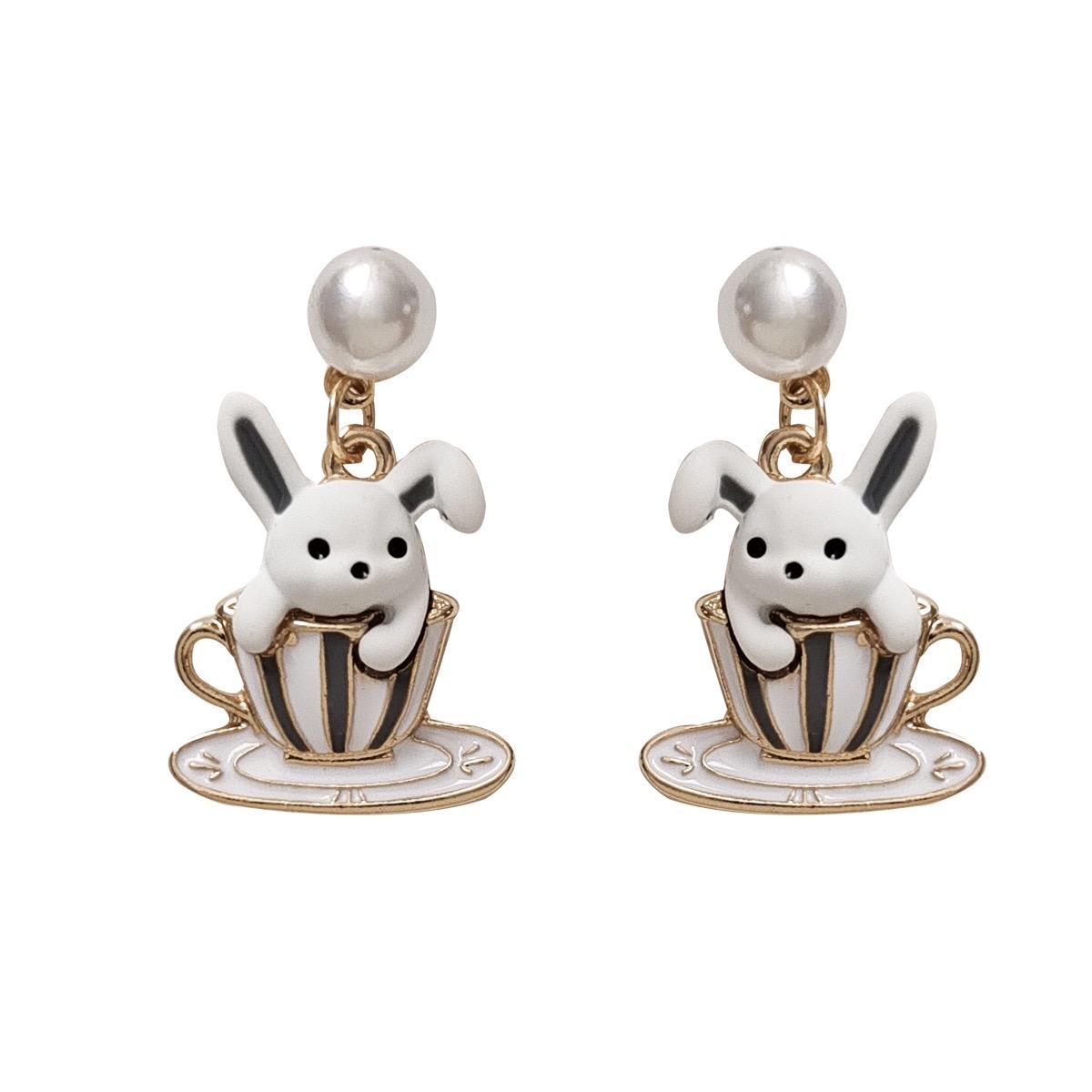 S925銀針甜美風萌趣可愛小兔子茶杯設計耳飾