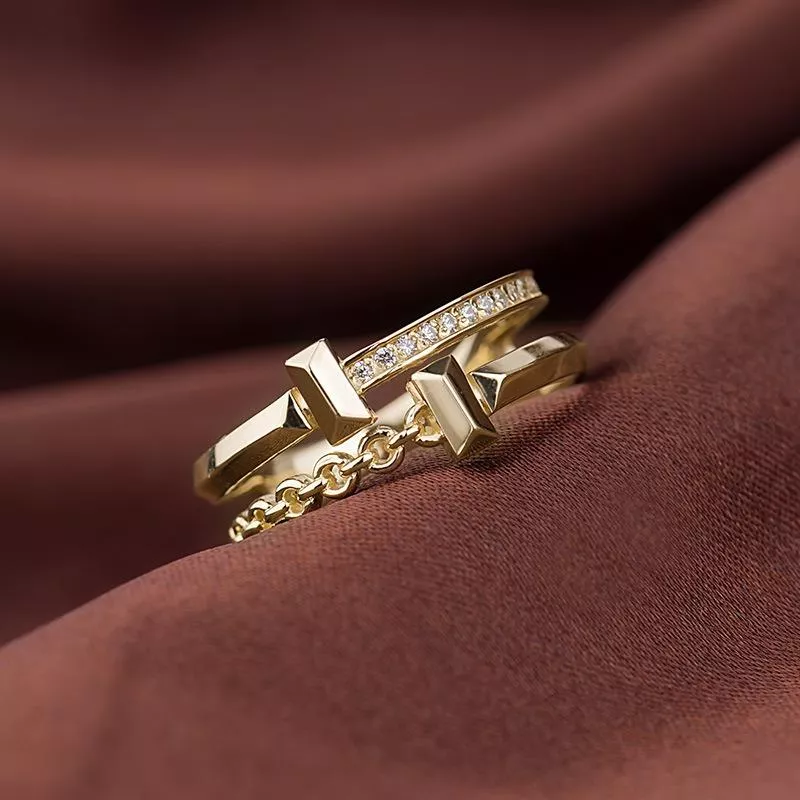 14k金戒指 小花字母V雙層食指戒指環 黃金珠寶首飾