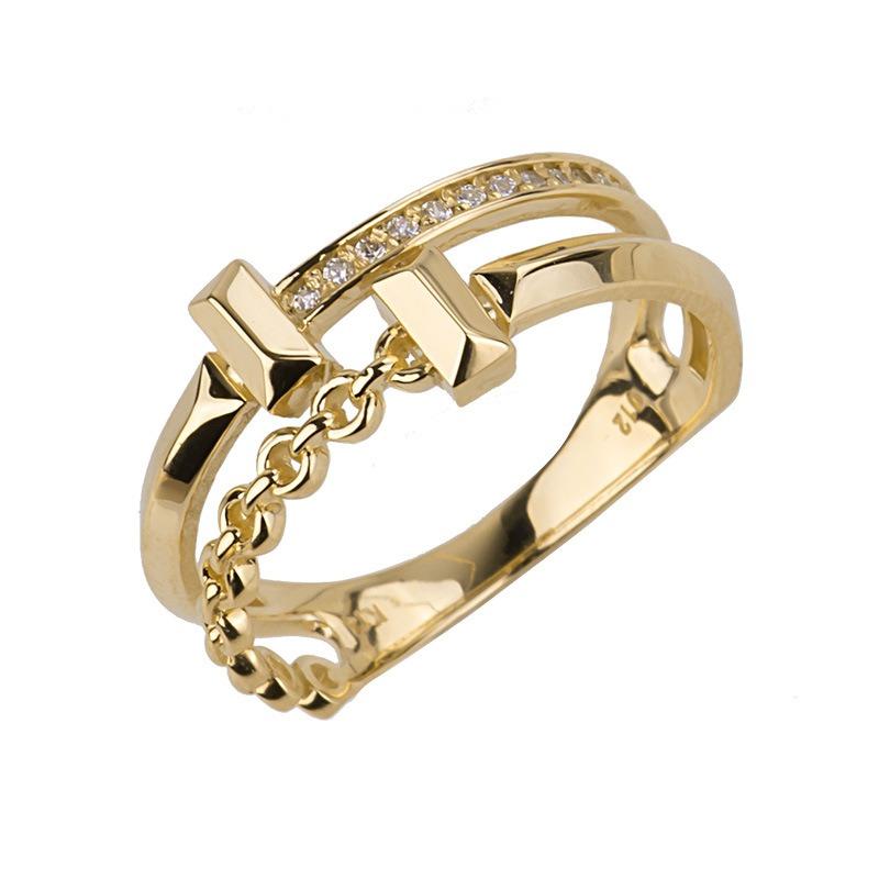 14k金戒指 小花字母V雙層食指戒指環 黃金珠寶首飾