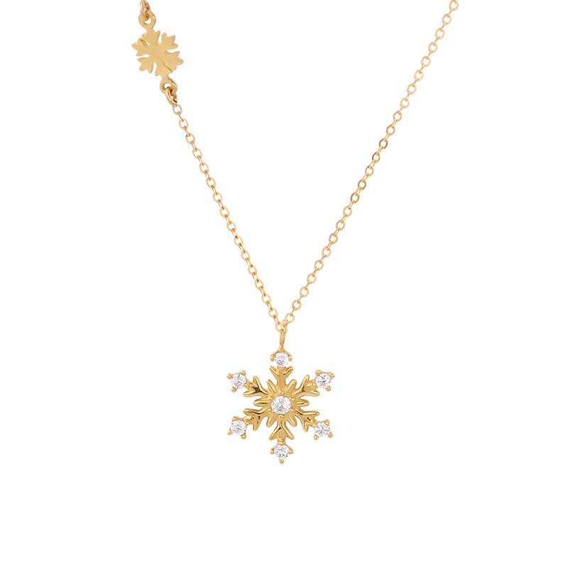 14K金項鍊 森系鑲嵌鋯石雪花細鎖骨鏈頸鍊 黃金珠寶首飾