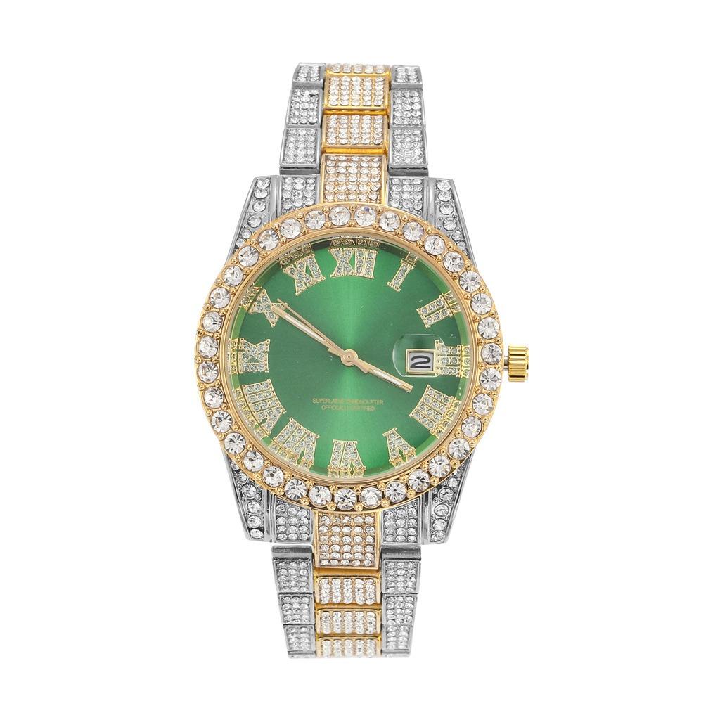 歐美嘻哈手錶羅馬數字鑲鑽男士手錶時尚個性潮牌綠面大錶盤石英表
