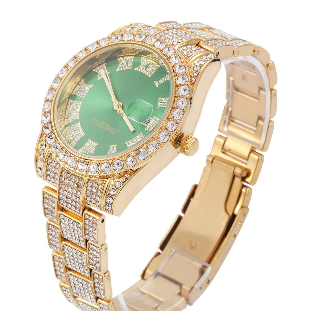歐美嘻哈手錶羅馬數字鑲鑽男士手錶時尚個性潮牌綠面大錶盤石英表