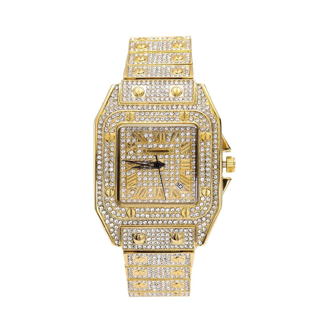 歐美嘻哈羅馬刻度石英手錶 時尚滿鑽方形錶盤男士手錶嘻哈手錶