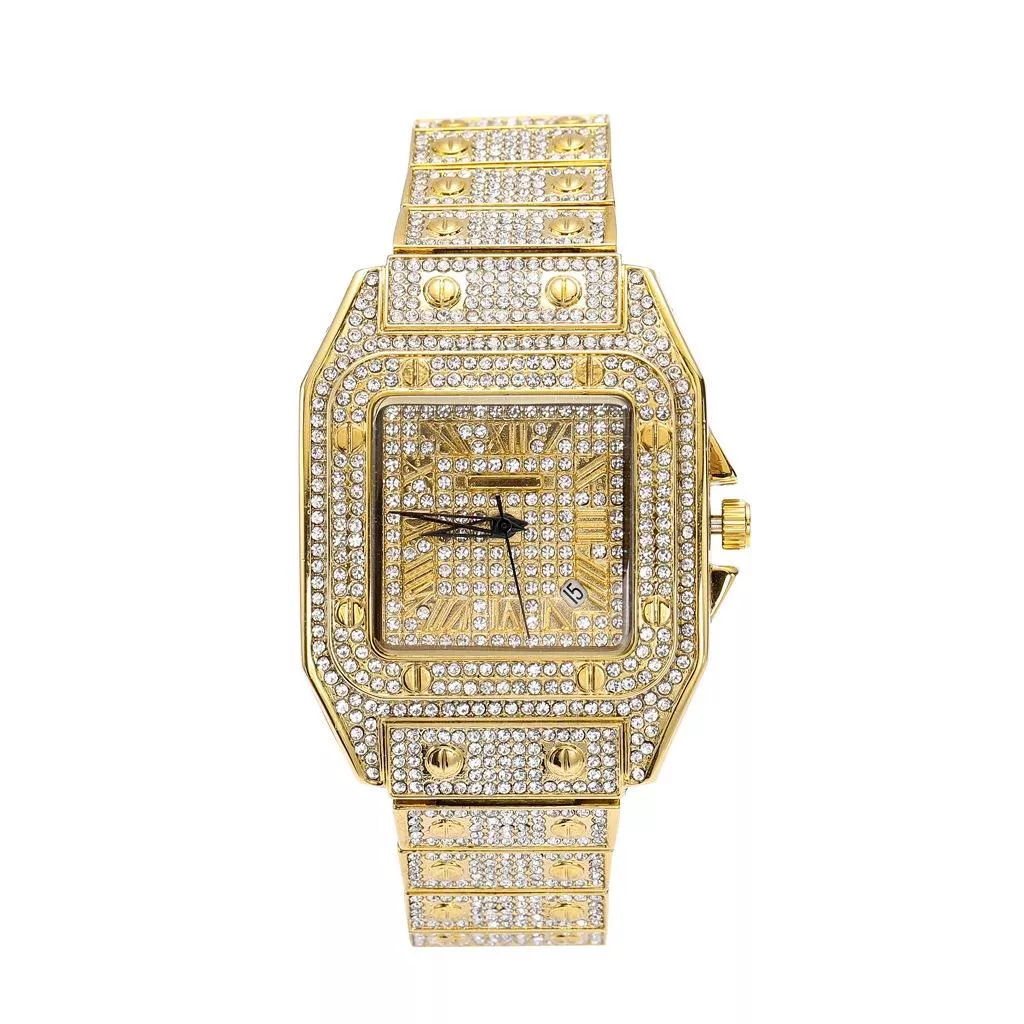 歐美嘻哈羅馬刻度石英手錶 時尚滿鑽方形錶盤男士手錶嘻哈手錶