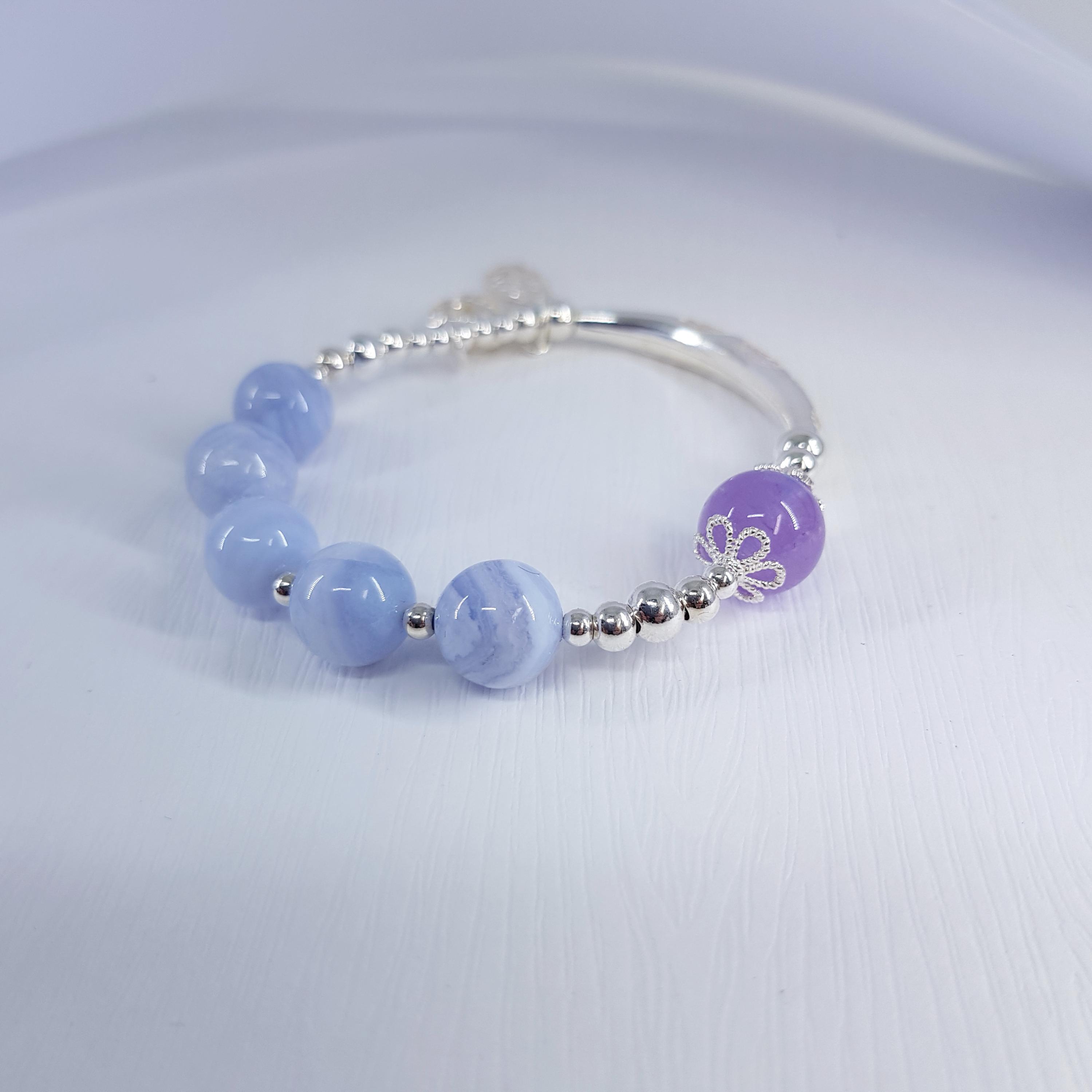半月彎彎藍紋瑪瑙與紫水晶純銀手環