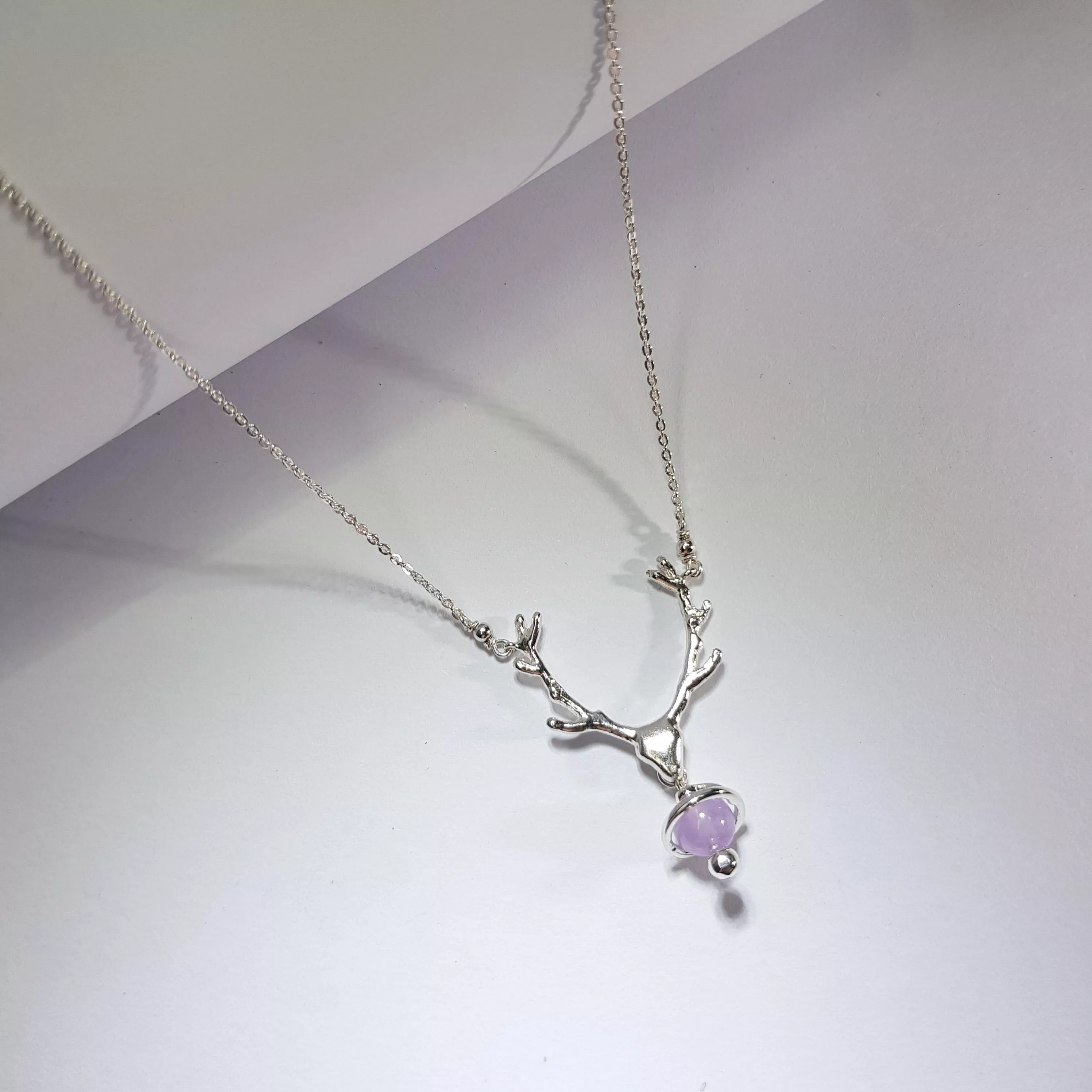 銀色麋鹿小星球薰衣草紫水晶925純銀項鍊