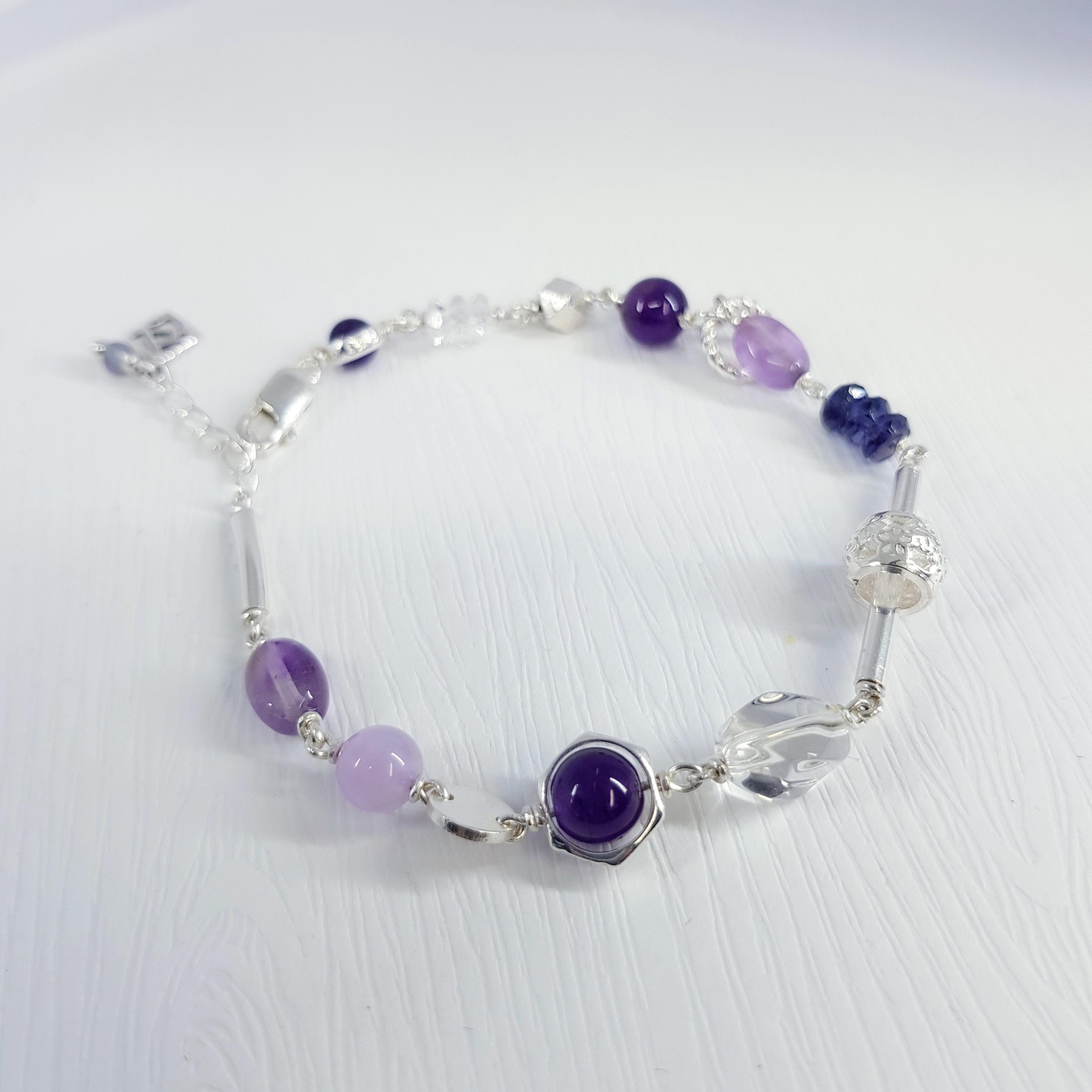 幻影紫水晶 / 堇青石 與白水晶純銀手鍊