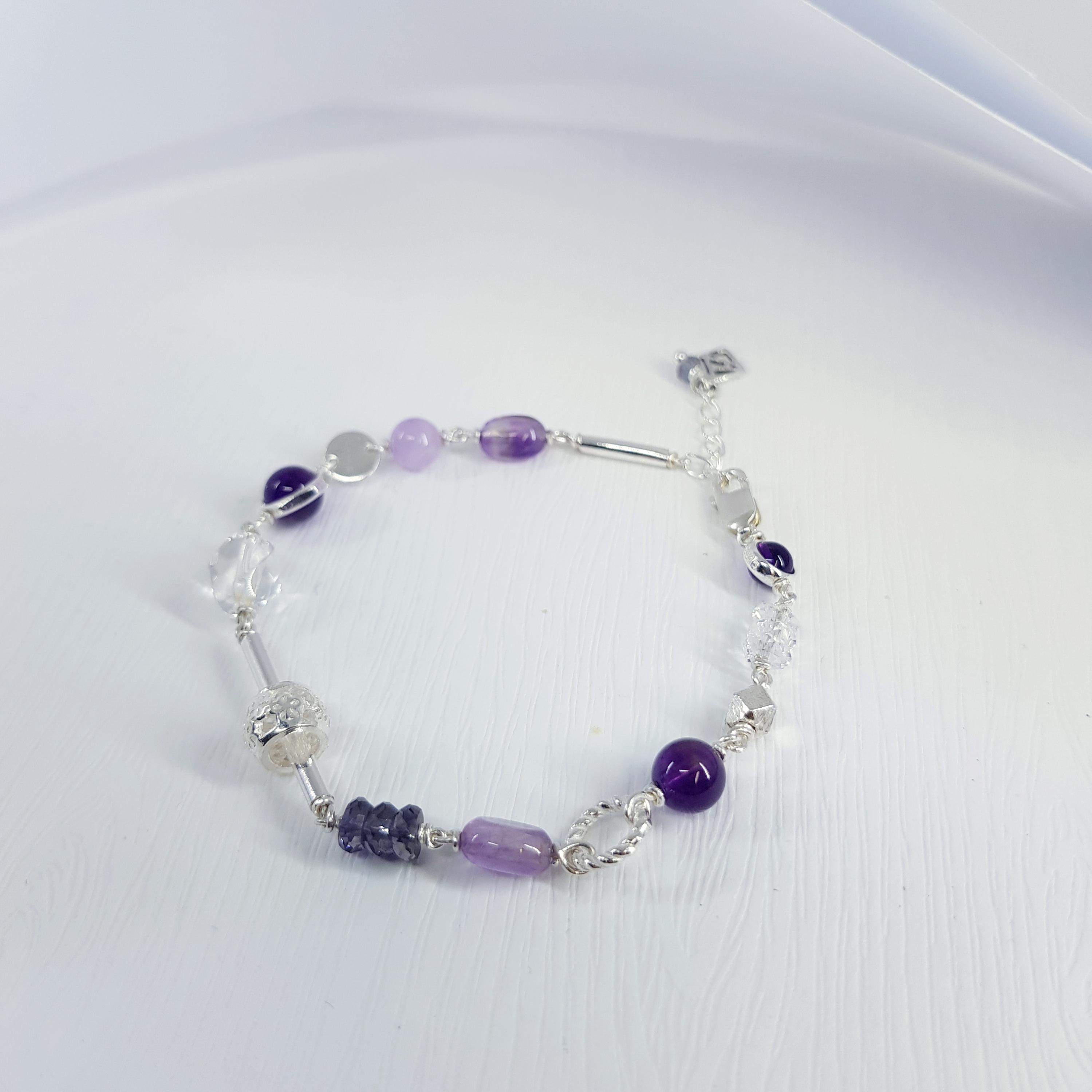 幻影紫水晶 / 堇青石 與白水晶純銀手鍊