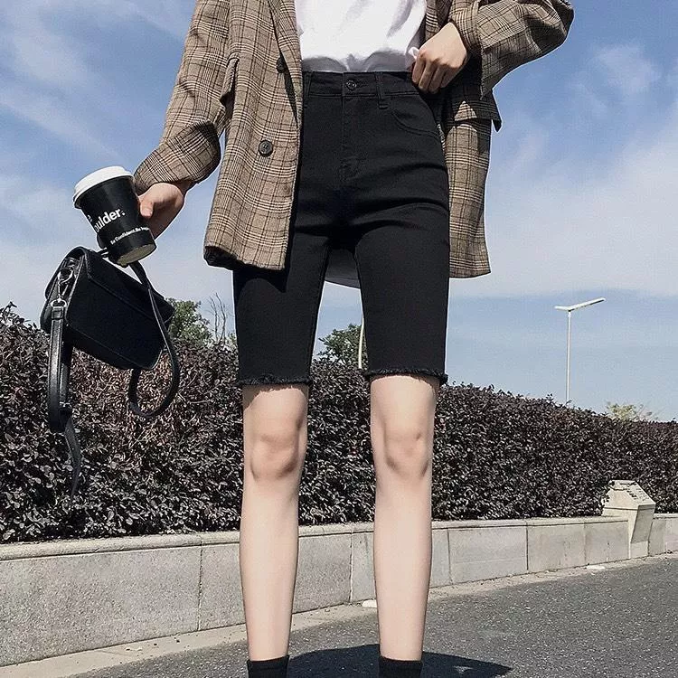 【現貨】韓版高腰緊身牛仔五分褲