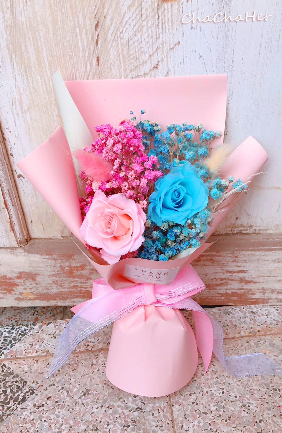 粉藍永生玫瑰花束