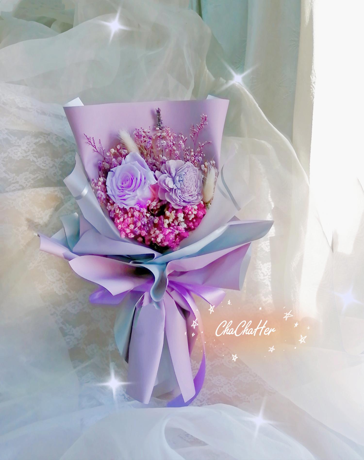 粉紫浪漫永生玫瑰花束