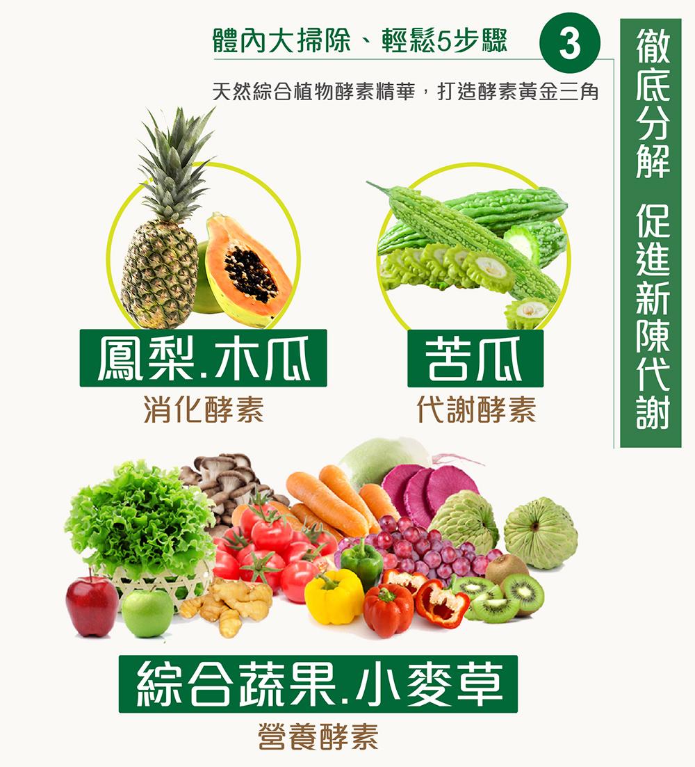 綠能量膠囊食品，第三步：徹底分解、促進新陳代謝、消化酵素（鳳梨、木瓜）、代謝酵素（苦瓜）、營養酵素（綜合蔬果、小麥草）