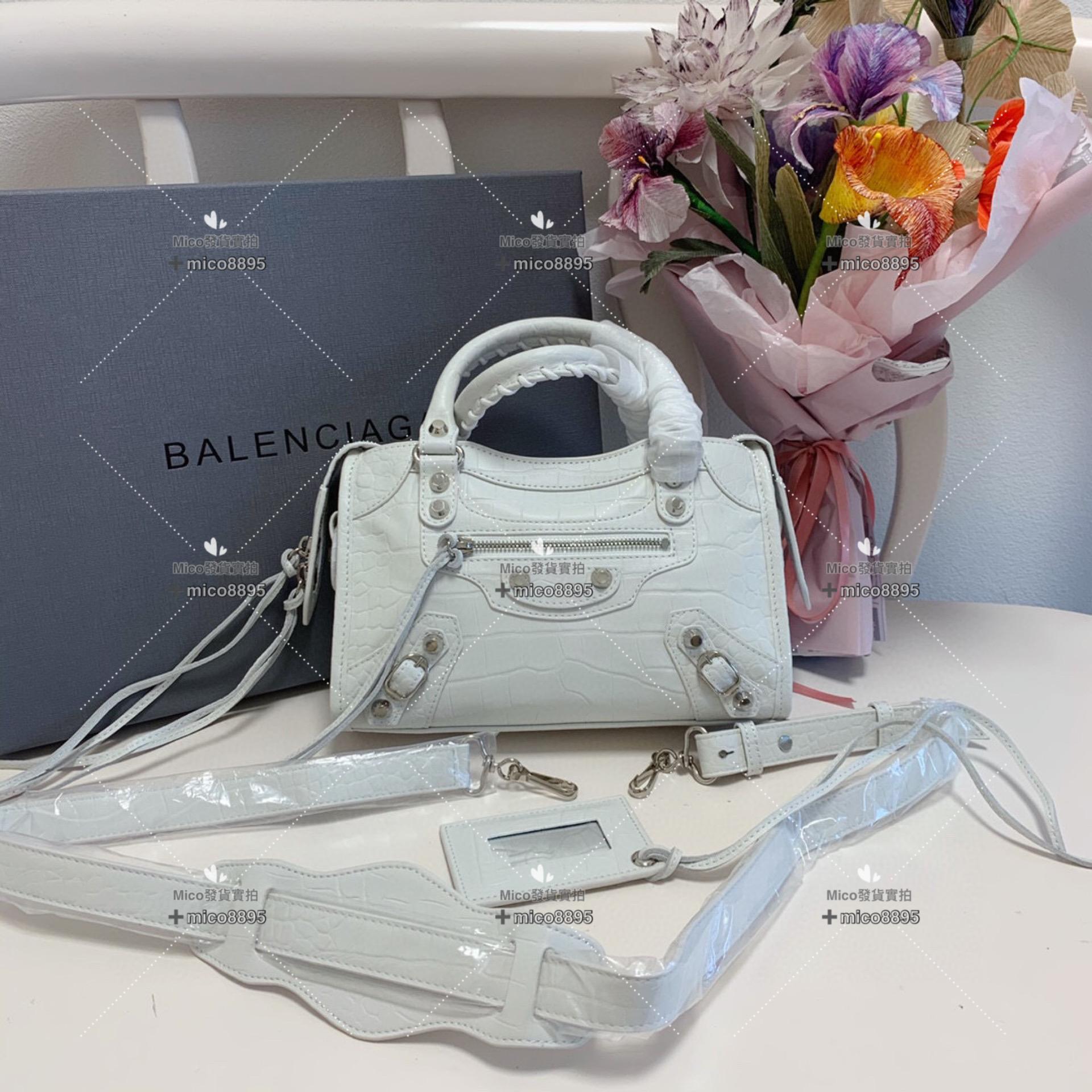 Balenciaga 巴黎世家 經典機車包 鱷魚紋/白色/小號/銀釦 24cm