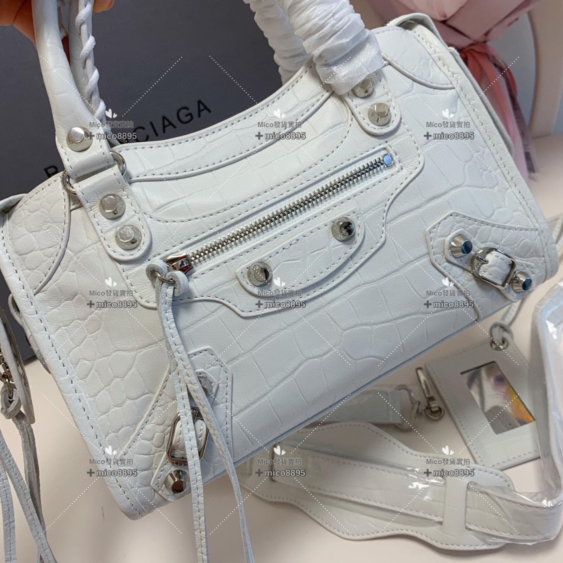 Balenciaga 巴黎世家 經典機車包 鱷魚紋/白色/小號/銀釦 24cm