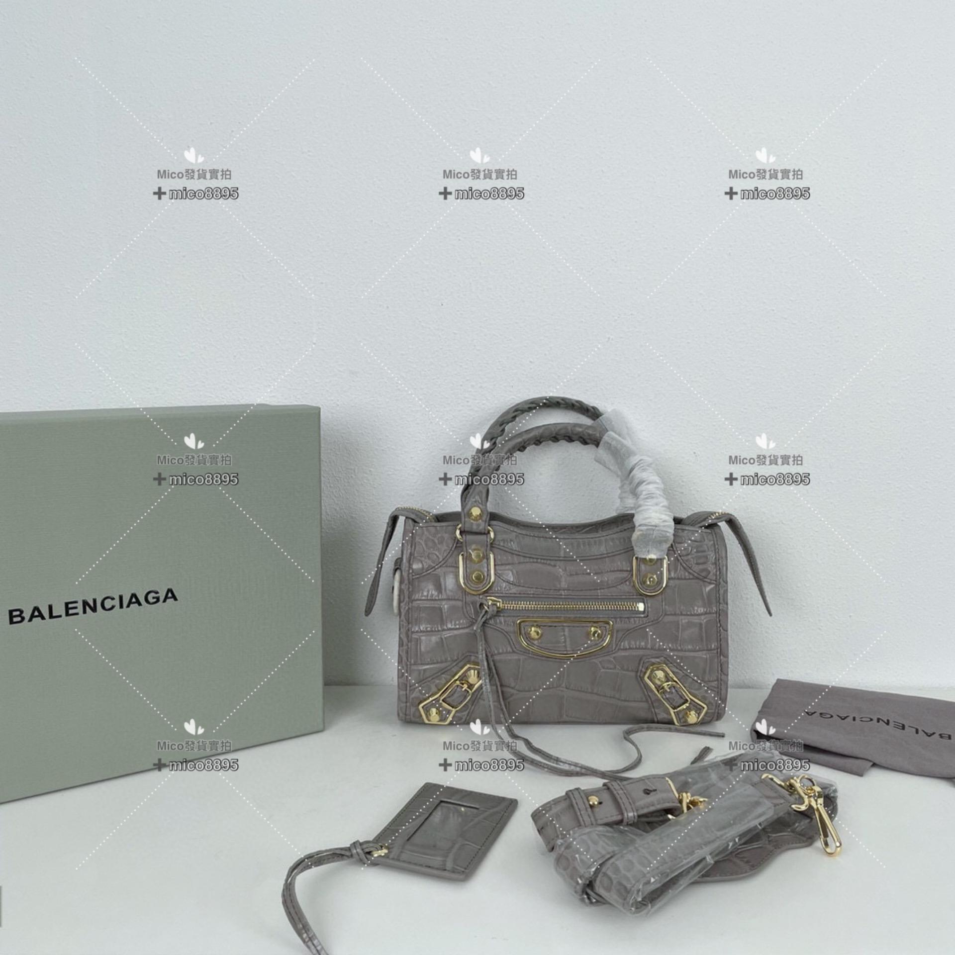 Balenciaga 巴黎世家 經典機車包 壓紋鱷魚/小號/鑽石灰 24cm