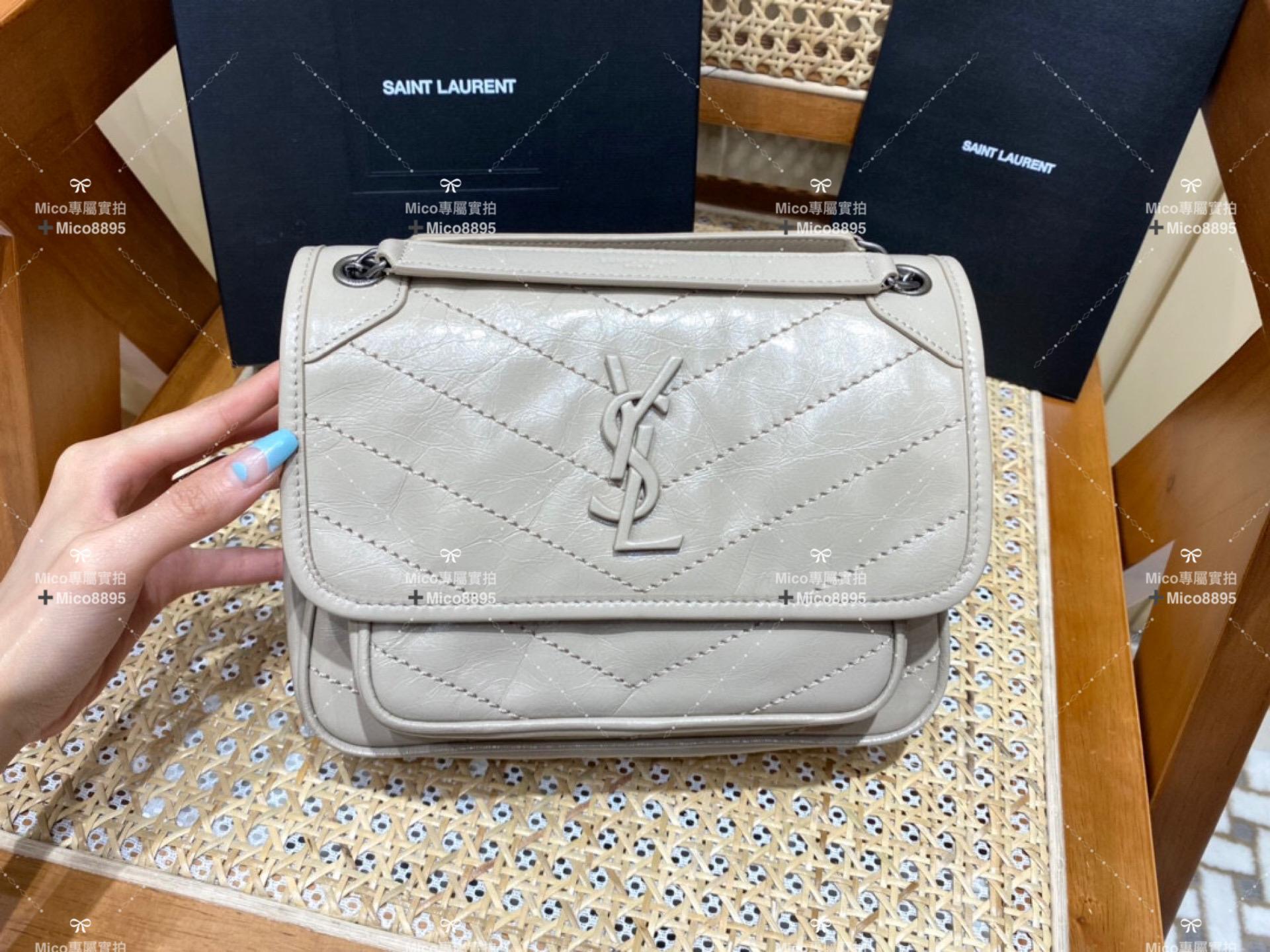 Saint Laurent YSL 奶茶色抓皺油蠟牛皮 Niki baby 22cm