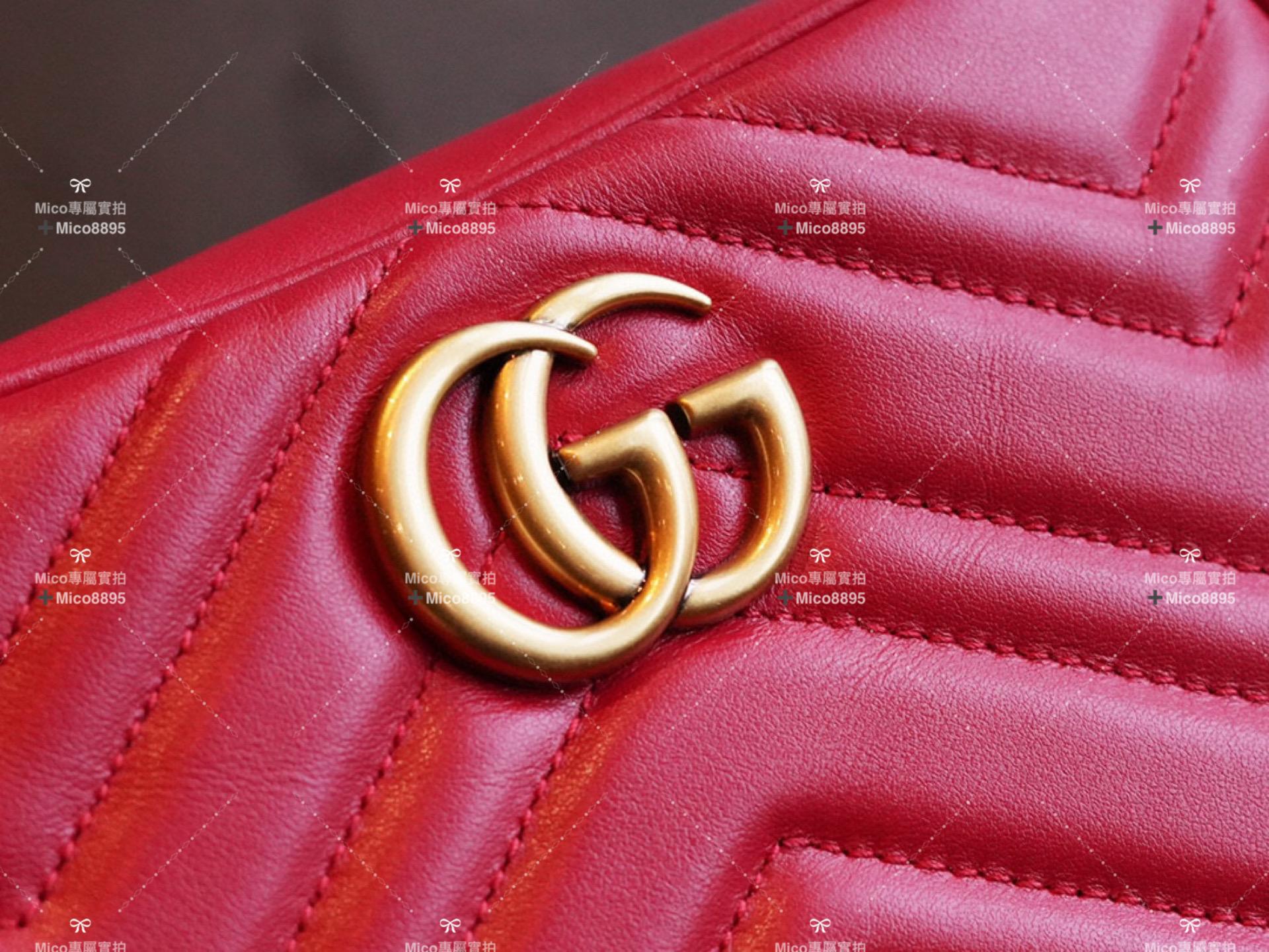 GUCCI GG Marmont系列 紅色牛皮 山字車紋 拉鍊肩背包 18cm