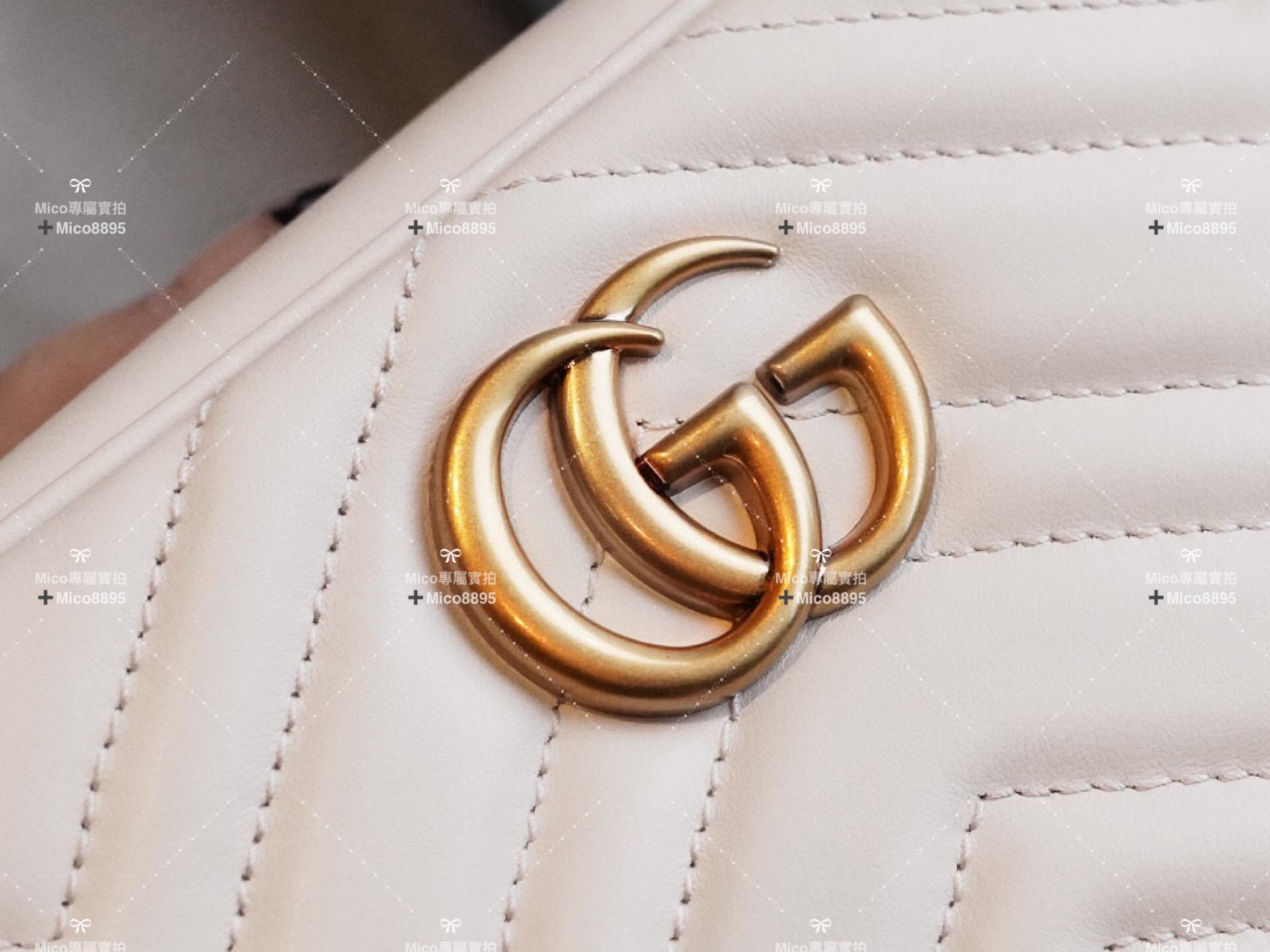 GUCCI GG Marmont系列 白色牛皮 山字車紋 拉鍊肩背包 18cm