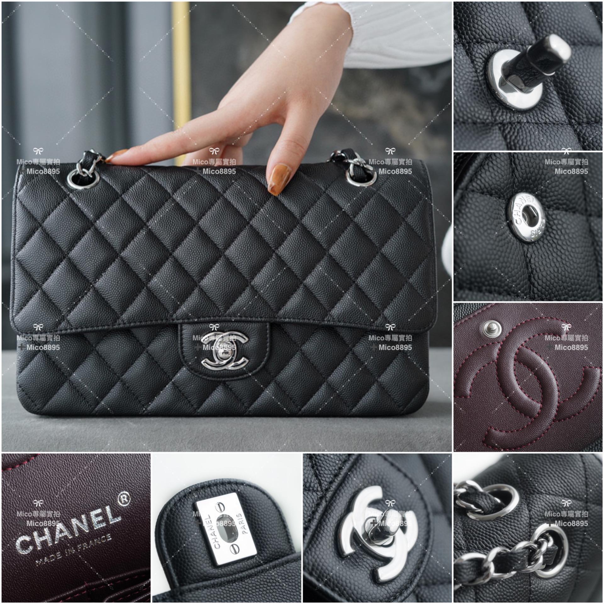 Chanel 經典ℂ𝔽 𝗖𝗹𝗮𝘀𝘀𝗶𝗰 𝗙𝗹𝗮𝗽 | 魚子醬牛皮 (非荔枝皮）中號 黑銀🖤 25cm