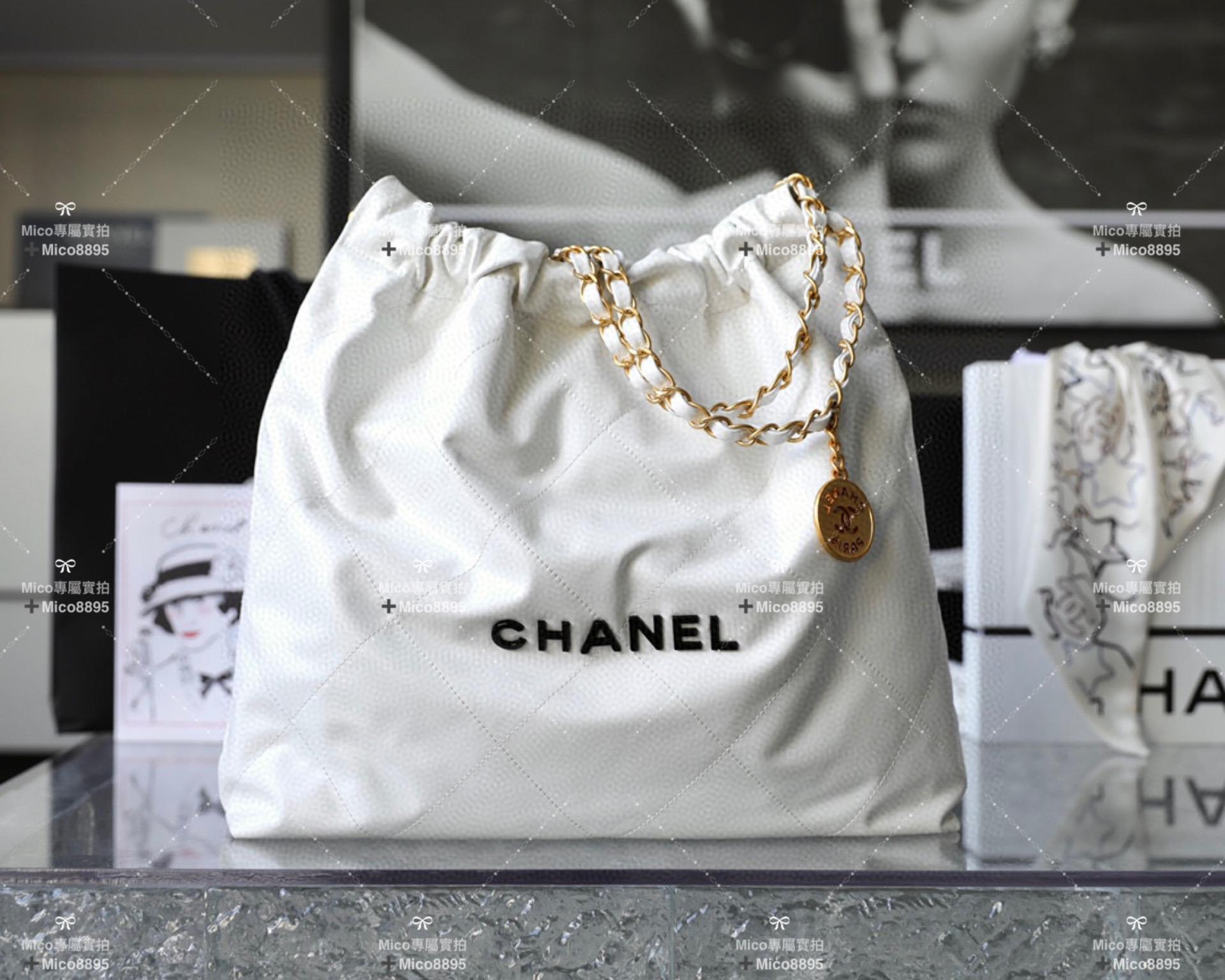 Chanel 22Bag 白底/黑字 牛皮 購物袋/肩背包 中號 尺寸：𝟹𝟿*𝟺𝟸*𝟾 𝚌𝚖