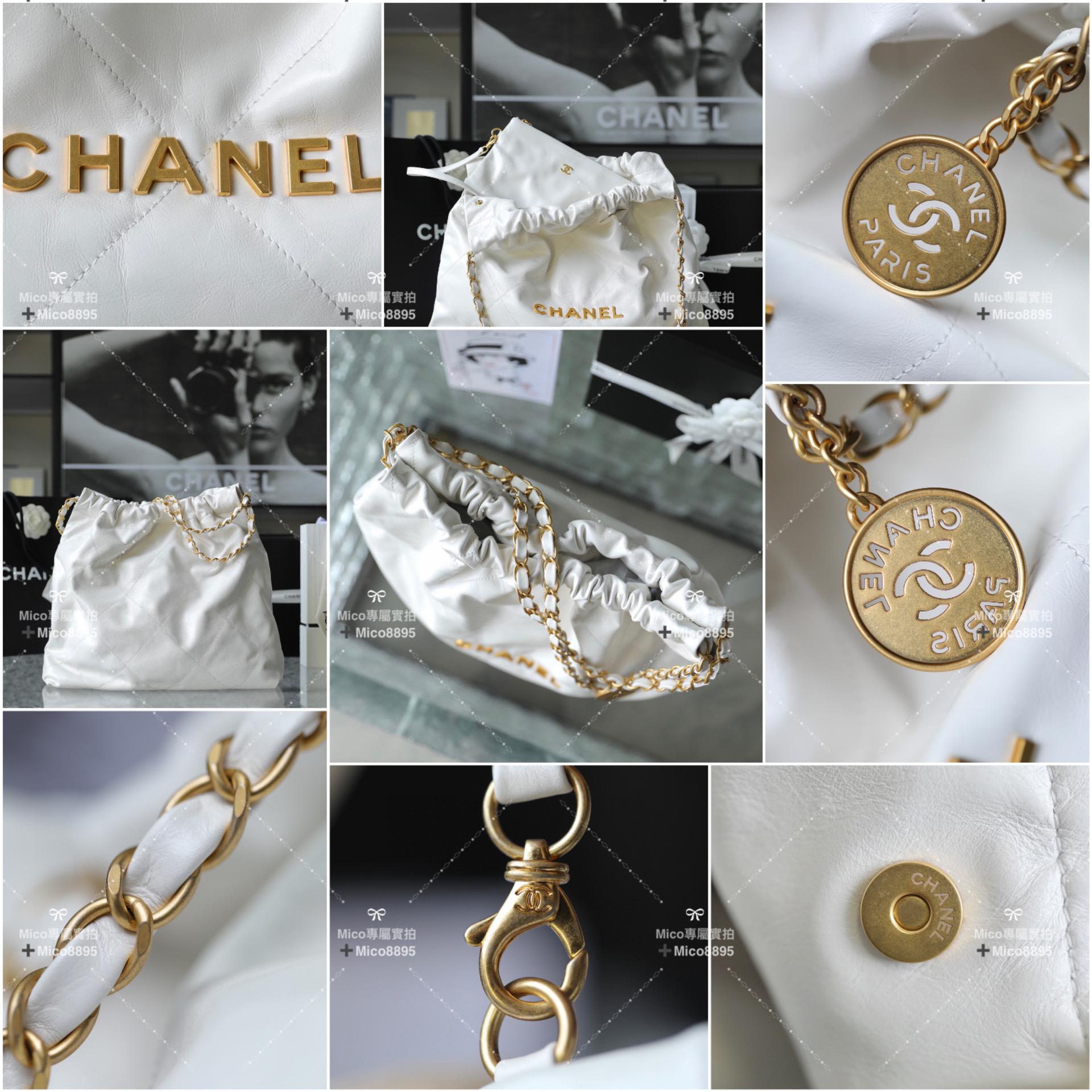 Chanel 22Bag 白底金字/牛皮 購物袋/肩背包 中號 尺寸：𝟹𝟿*𝟺𝟸*𝟾 𝚌𝚖