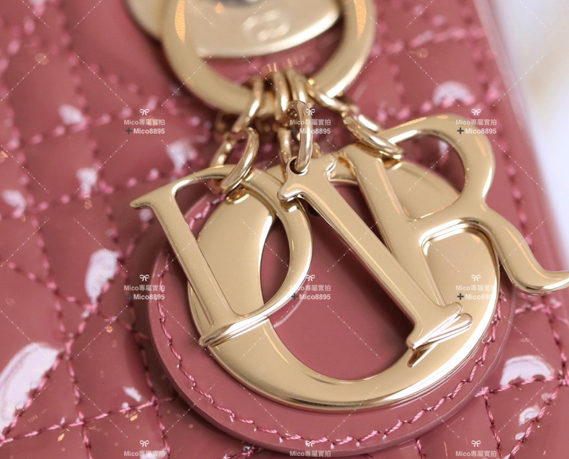 Dior 黛妃包 Lady Dior 木槿粉/淡金釦 藤格紋漆皮牛皮革迷你手袋