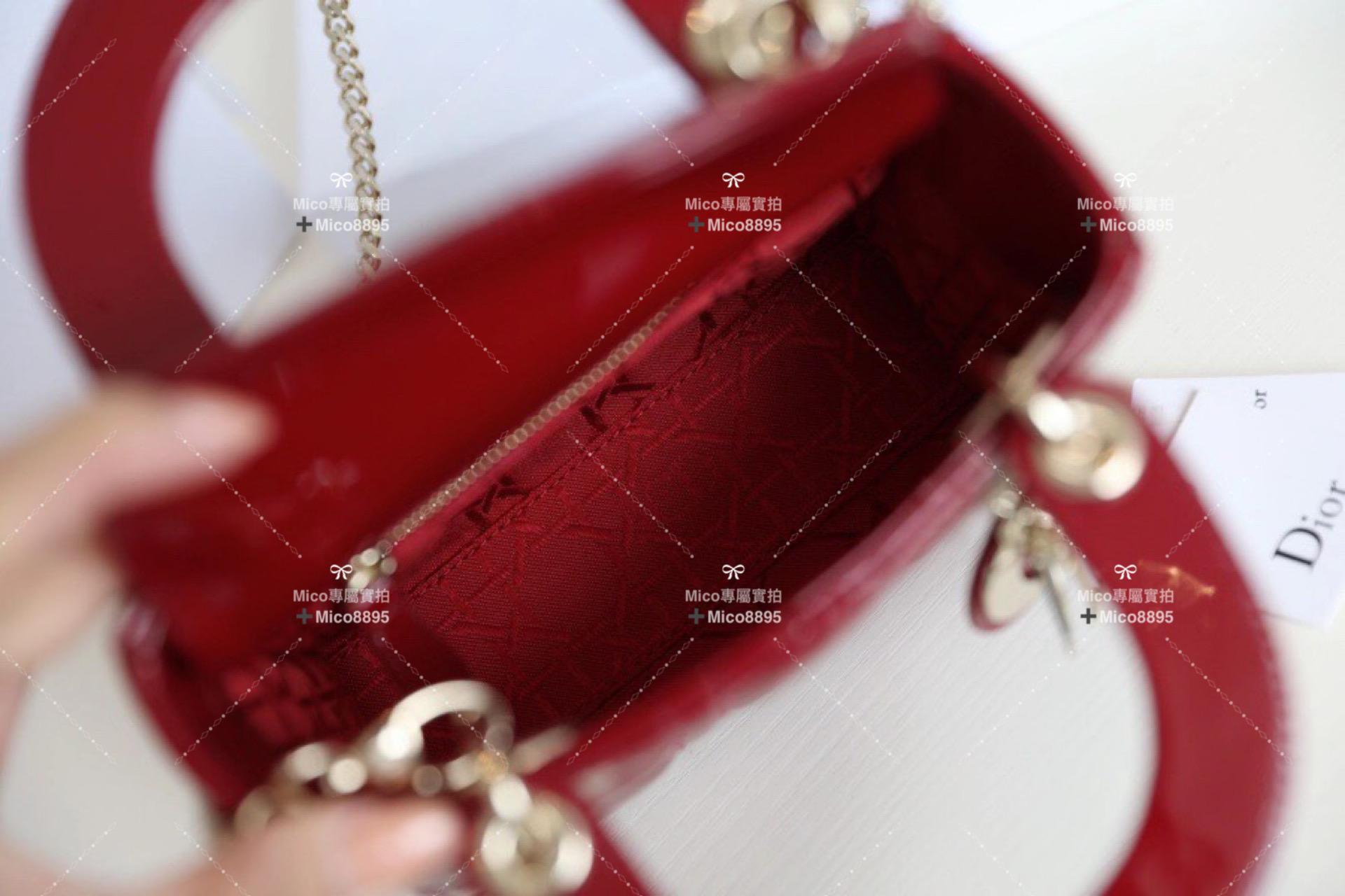 Dior 黛妃包 Lady Dior 櫻桃紅 藤格紋漆皮牛皮革迷你手袋