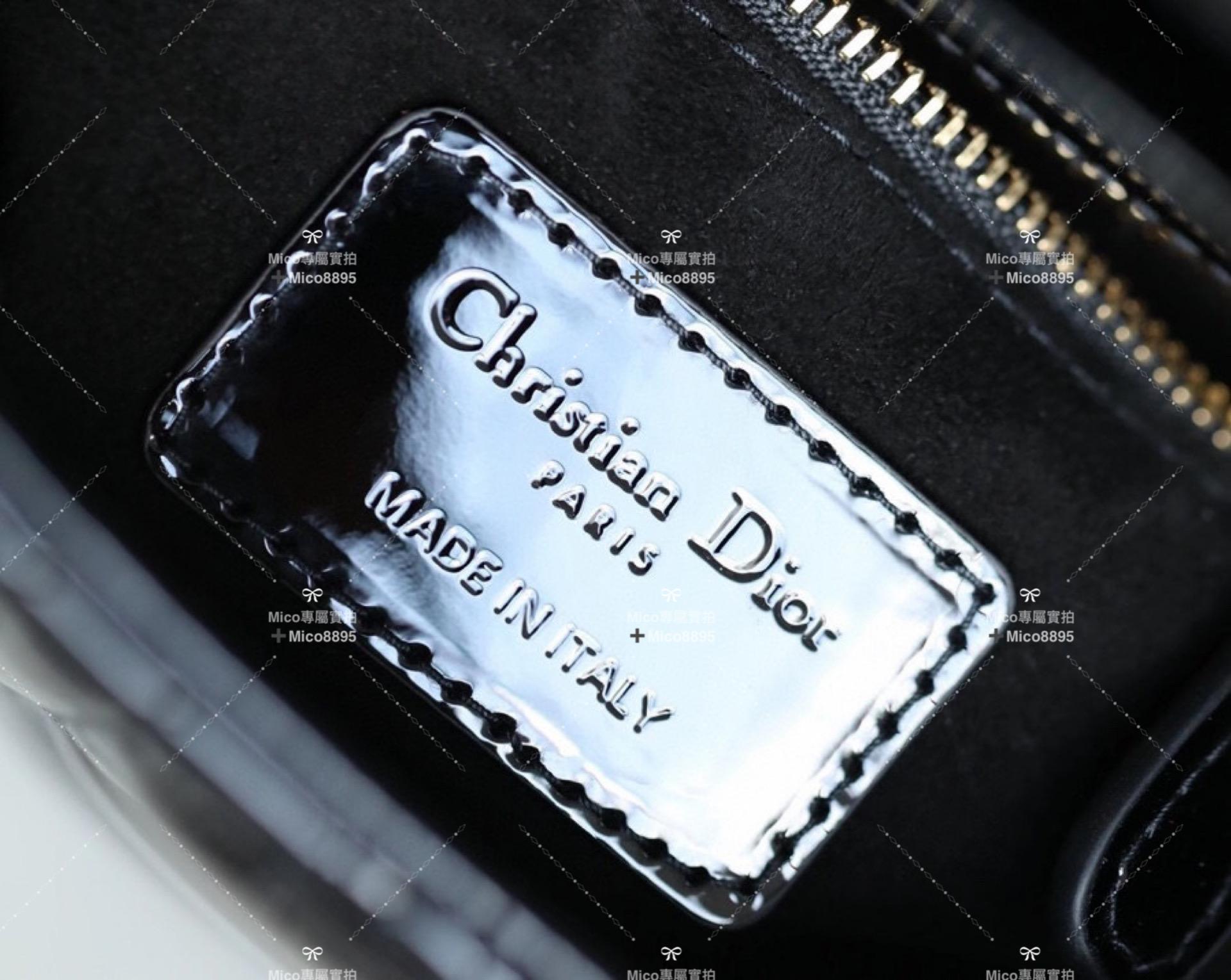 Dior 黛妃包 Lady Dior 黑金/藤格紋漆皮牛皮革迷你手袋