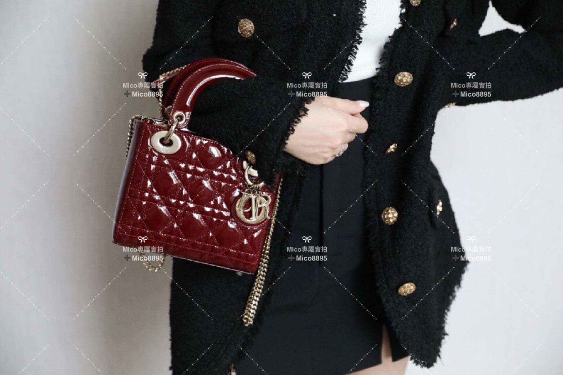 Dior 黛妃包 Lady Dior 酒紅色藤格紋漆皮牛皮革迷你手袋